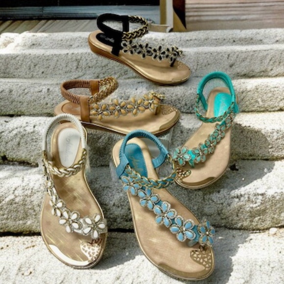 Tan Floral Rhinestone Embellished Braided Flat Sandal - Picture 2 of 9